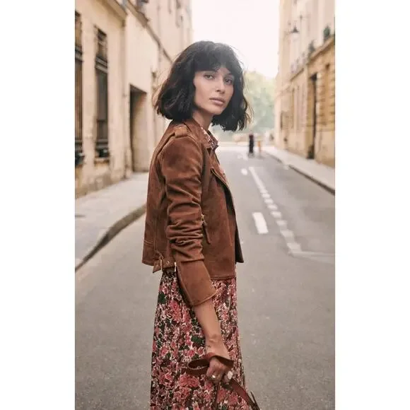 Sezane Zig Suede Jacket EU 36 US 4 Brown Goat Suede Moto Leather - Picture 3 of 13